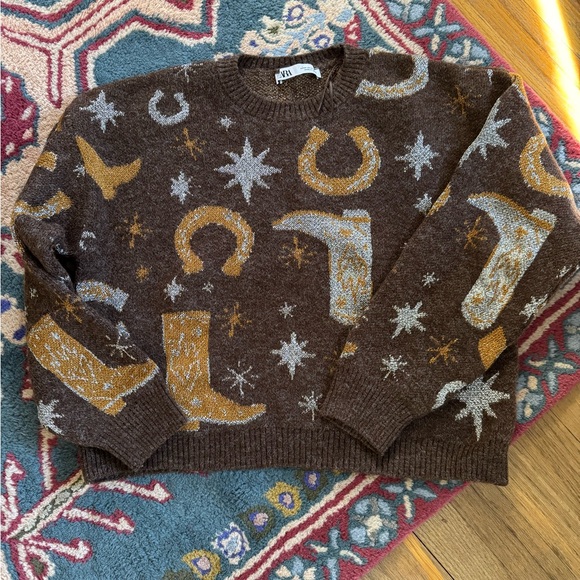 Zara Sweaters - Brown and Gold Western Sweater
